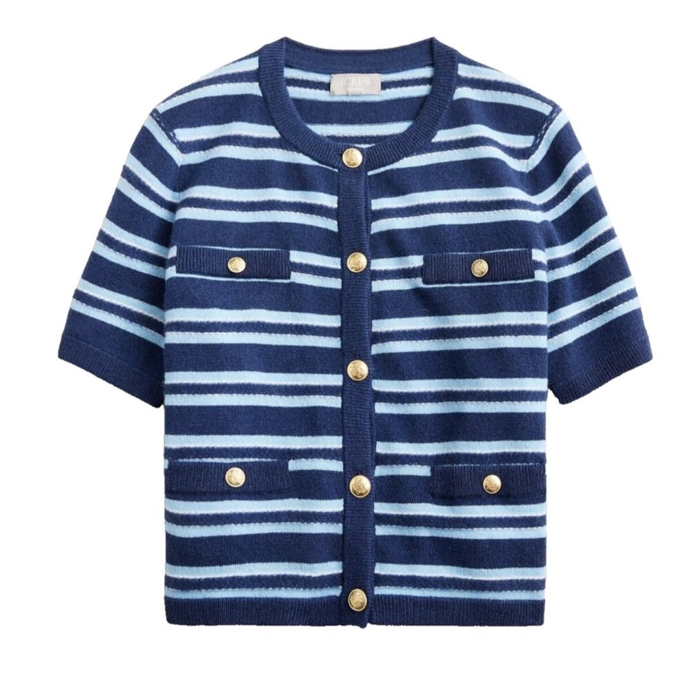 NWT J.Crew Cashmere Short-sleeve Cardigan in Dark Evening Serenity Stripe XS